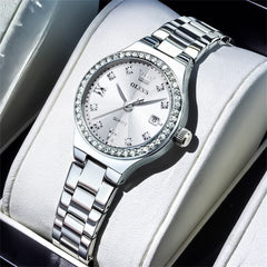 OLEVS Women Diamond Bezel Watch Petite Pastel Sunray Silver Stainless Steel Date Quartz 5628