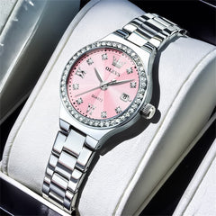 OLEVS Women Diamond Bezel Watch Petite Pastel Sunray Silver Stainless Steel Date Quartz 5628