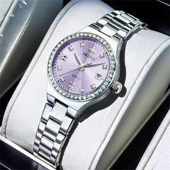 OLEVS Women Diamond Bezel Watch Petite Pastel Sunray Silver Stainless Steel Date Quartz 5628