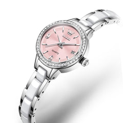 OLEVS 7093 White Ceramic Watch Women Dainty Diamond Bezel Date Quartz Jewelry Timepiece