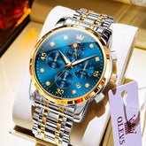 OLEVS 3652 Chronograph Moon Phase Diamond Dial Stainless Steel Watch For Men