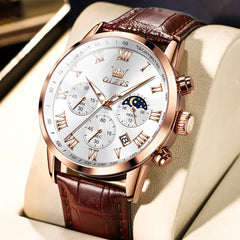 OLEVS Chronograph Moon Phase Dress Watch Leather Strap for Men 5529