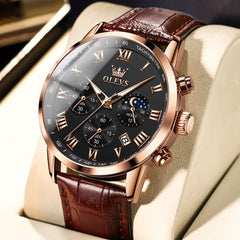 OLEVS Chronograph Moon Phase Dress Watch Leather Strap for Men 5529