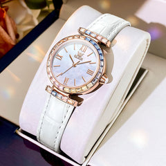 OLEVS 9007 Rainbow Bezel Mother of Pearl Leather Quartz Watch for Women