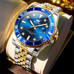 OLEVS 9809 Rotating Bezel Diamond Dial Stainless Steel Quartz Watch for Men