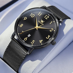 OLEVS 5653 Ultra Thin Couple Watch Milanese Mesh and Leather Strap Date Timepiece for Men and Women
