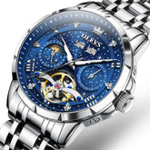 OLEVS 6690 Automatic Skeleton Starry Sky Steel Leather Watch for Men