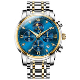 OLEVS 3655 Chronograph Moon Phase Roman Diamond Dial Stainless Steel Watch For Men