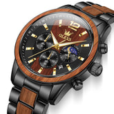 OLEVS 3645 Solid Wood & Steel Chronograph Quartz Watch for Men