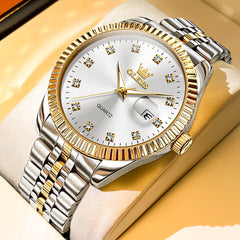 OLEVS Couple Watches Fluted Bezel Diamond Dial Quartz Watch 5526 Jubilee Band for His and Hers