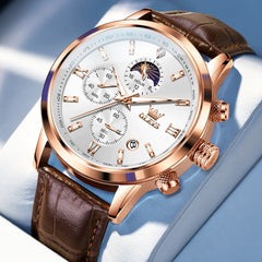 OLEVS 9812 Moon Phase Chronograph Leather Watch for Men