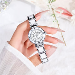 OLEVS 7083 White Ceramic Watch Sport Luxe Diamond Accent Stainless Steel Bracelet Quartz Timepiece for Women