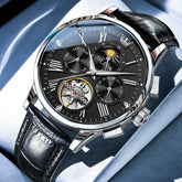 OLEVS Moon Phase Open Heart Automatic Mechanical Watch 9912 Leather Strap for Men