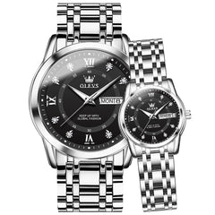 OLEVS Couple Watches Diamond Dial Day Date Quartz Watch 5513 Steel Band for His and Hers