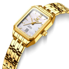 OLEVS Women Square Dress Watch Retro Gold Stainless Steel Date Quartz 5616