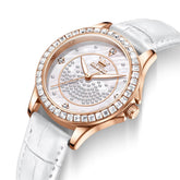 OLEVS 3715 Diamond Mother of Pearl Leather Watch for Women