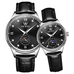OLEVS 7039 Leather Moon Phase Couples Watch Set