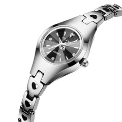 OLEVS 7082 Tungsten Steel Watch Dainty Heart Link Faceted Bracelet Diamond Accent Quartz Timepiece for Women