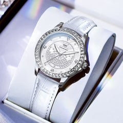 OLEVS 3715 Diamond Mother of Pearl Leather Watch for Women