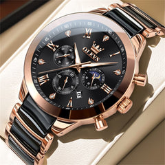 OLEVS 7004 Moon Phase Chronograph Watch Ceramic Link Bracelet Quartz Luxury Timepiece for Men