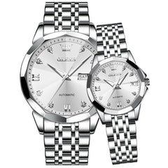 OLEVS Couple Watches 3D Diamond Cut Mirror Automatic Watch 9982 Steel Band for His and Hers