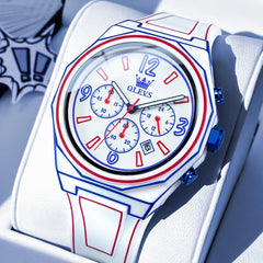 OLEVS Men Streetwear Comic Chronograph Watch Octagonal Silicone Quartz 5622