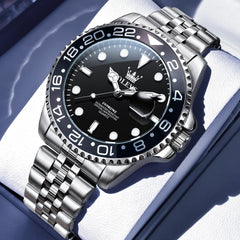 OLEVS 5657 Rotating Bezel Sports Watch Stainless Steel Jubilee Bracelet Quartz Timepiece for Men