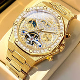 OLEVS Iced Out Moon Phase Skeleton Automatic Watch 9805 Calendar for Men