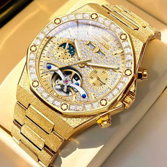 OLEVS Iced Out Moon Phase Skeleton Automatic Watch 9805 Calendar for Men