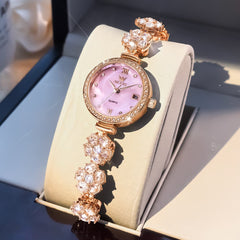 OLEVS Women Spinning Flower Watch Peach Blossom Crystal Mother of Pearl Date Quartz 5638