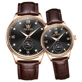 OLEVS 7039 Leather Moon Phase Couples Watch Set