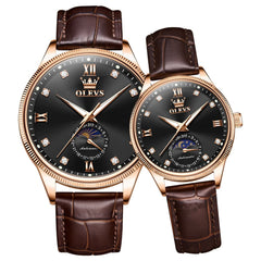 OLEVS 7039 Leather Moon Phase Couples Watch Set