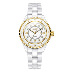 OLEVS 5658 White Ceramic Watch Diamond Accent Quartz Butterfly Clasp Luxury Timepiece for Women