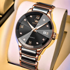 OLEVS 7114 Ceramic Link Watch Couple Date Diamond Accent Quartz Luxury Timepiece for Men and Women