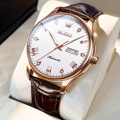 OLEVS Couple Watches Diamond Dial Automatic Mechanical Watch 9932 Leather Strap for His and Hers