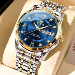 OLEVS Diamond Dial Day Date Quartz Watch 5513 Steel Band for Men