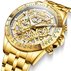 OLEVS 9913 Skeleton Dial Chronograph Gold Quartz Watch for Men
