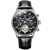 OLEVS 6658 Leather Skeleton Moon Phase Watch for Men