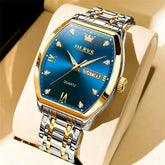 OLEVS Tonneau Diamond Dial Day Date Quartz Watch 5528 Steel Band for Men