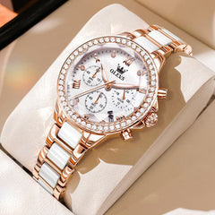 OLEVS 9999 Diamond Bezel Chronograph Ceramic Watch for Women