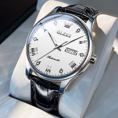 OLEVS Couple Watches Diamond Dial Automatic Mechanical Watch 9932 Leather Strap for His and Hers
