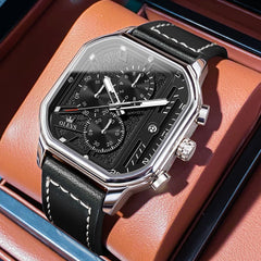 OLEVS 9950 Octagonal Case Chronograph Leather Watch for Men