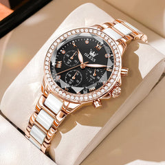 OLEVS 9999 Diamond Bezel Chronograph Ceramic Watch for Women
