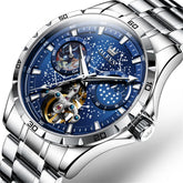 OLEVS 6689 Automatic Skeleton Starry Sky Leather Steel Watch for Men