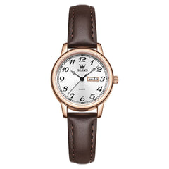 OLEVS 5662 Petite Vintage Quartz Watch Day Date Leather Strap Elegant Dress Timepiece for Women
