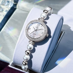 OLEVS Women Pearl Bracelet Watch Diamond Bezel Mother of Pearl Quartz 5640