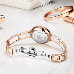 OLEVS 5872 Ceramic Bracelet Watch Rose Gold Diamond Accent Quartz Luxury Timepiece for Women