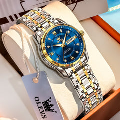 OLEVS Diamond Dial Day Date Quartz Watch 5513 Steel Band for Women
