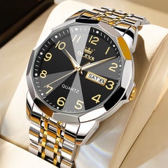 OLEVS 9970 3D Rhombic Faceted Glass Day Date Watch for Men