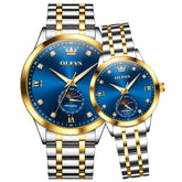 OLEVS 7041 Solid Steel Moon Phase Couples Watch Set